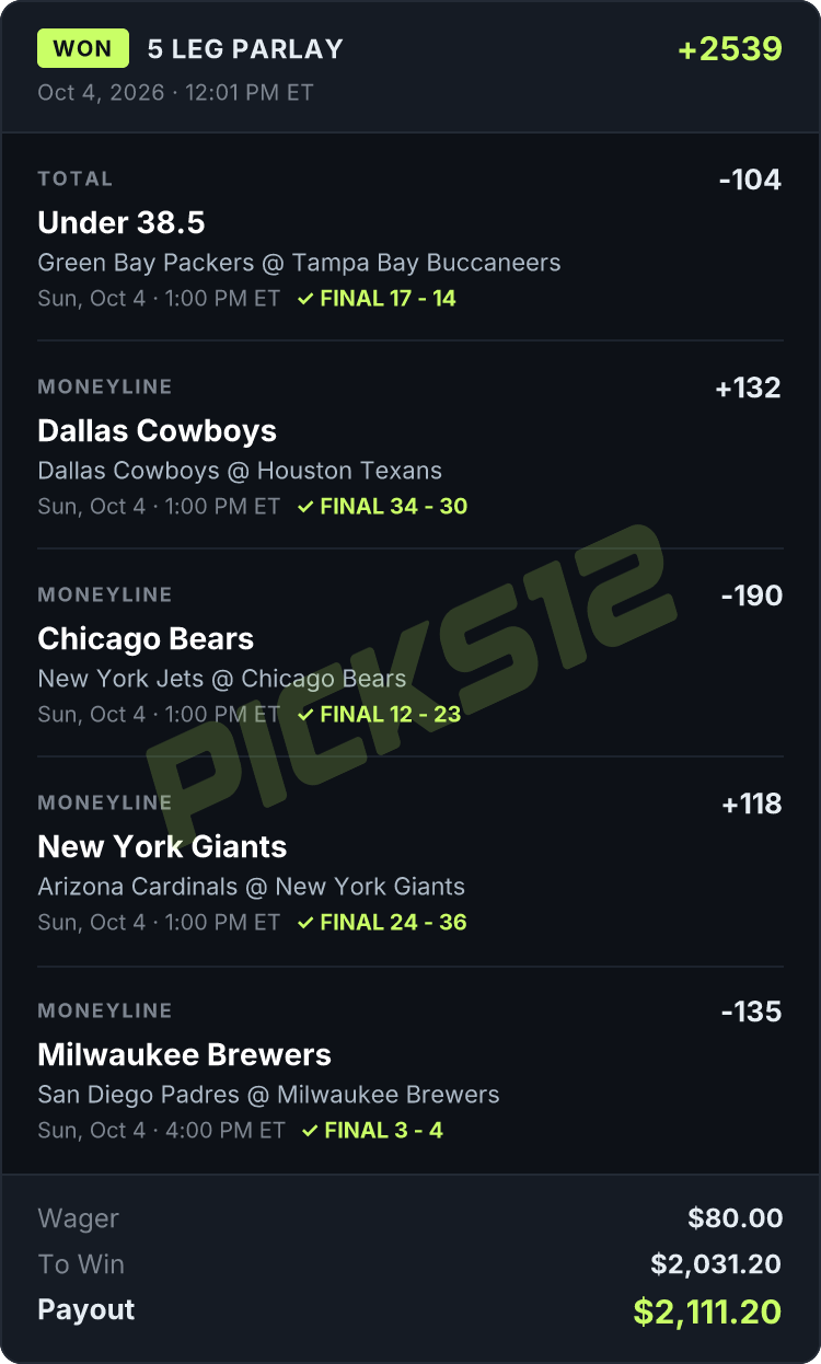 Picks12 winning parlay ticket from yesterday
